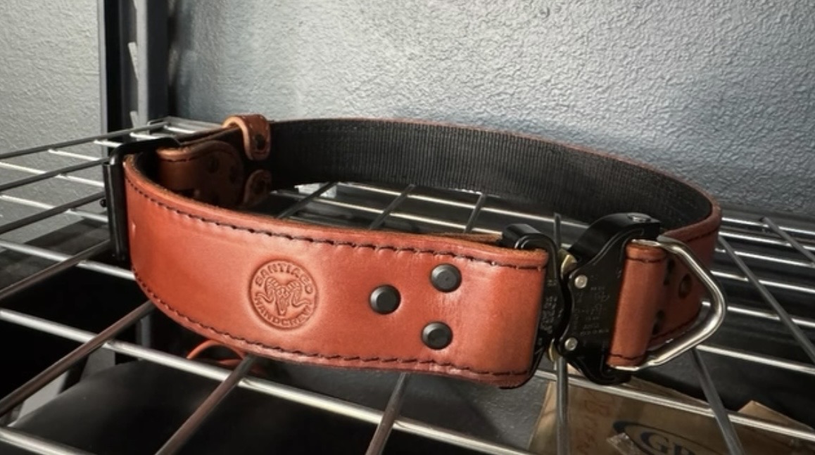 Chestnut 2 inch bunker belt with webbing inner liner, adjustable single prong, and Cobra D ring buckle