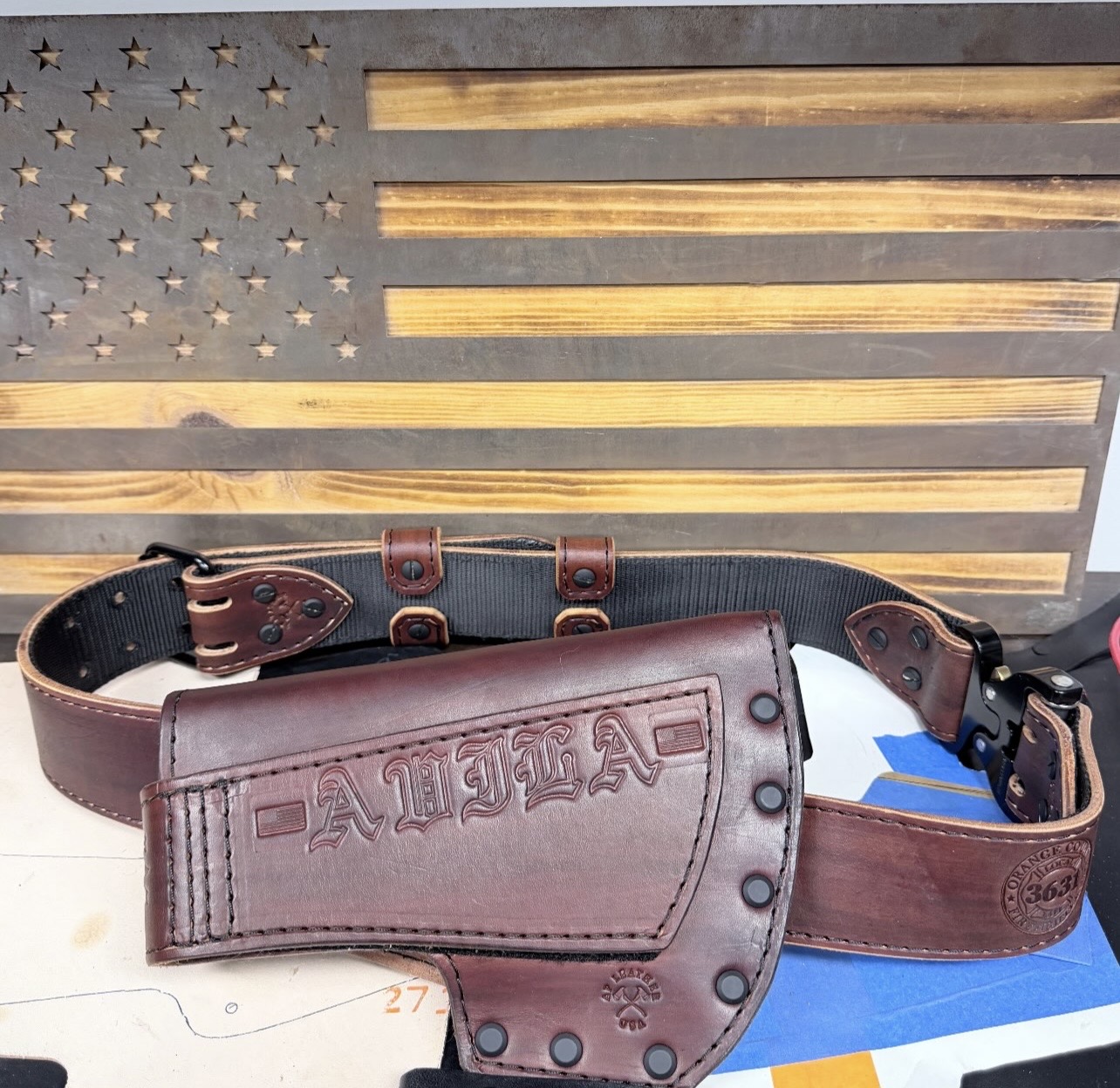 Mahogany fire axe with 6lb pick head scabbard